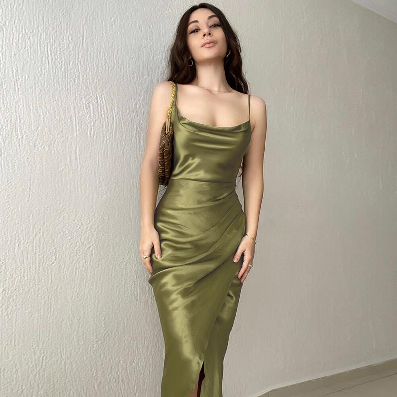 Satin Cowl Neck Cami Ruched Wrap Front Split Midi Dress 7