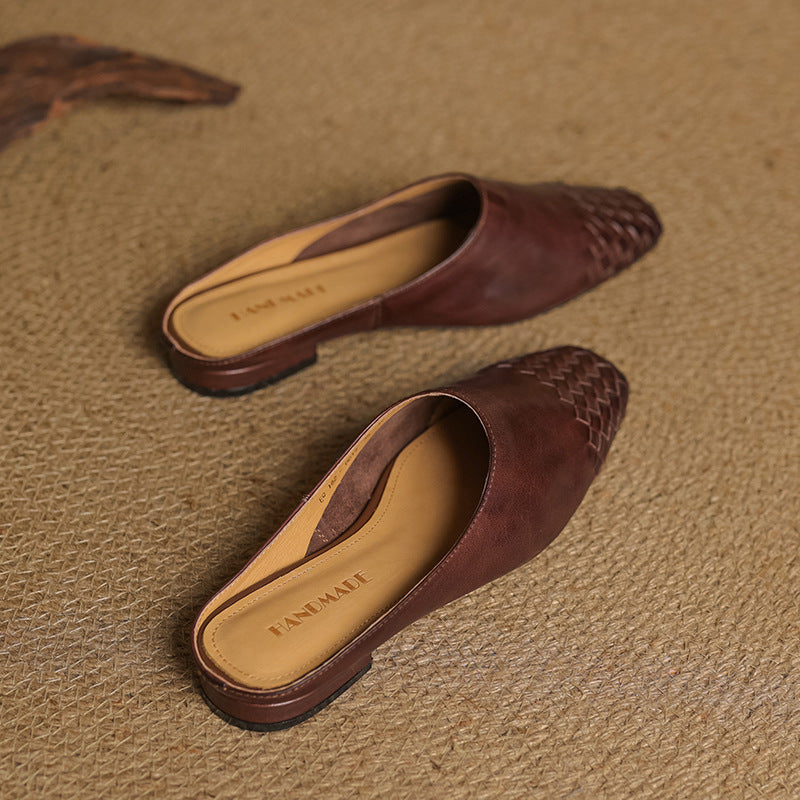 Square Toe Woven Detail Low Block Heel Mules