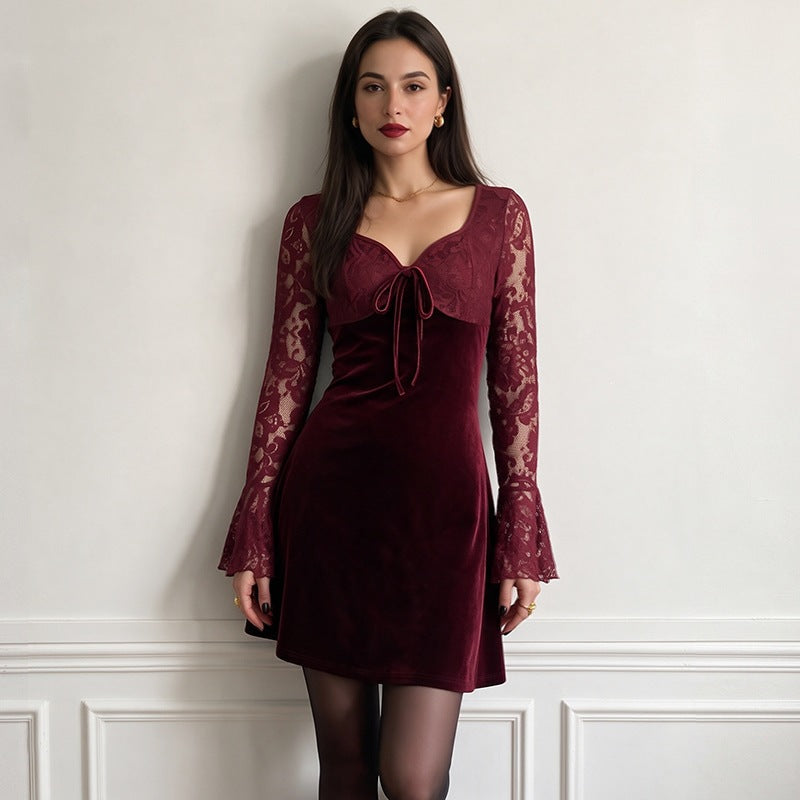 Halloween Velvet Lace Cinched Patchwork Long Sleeve Christmas Short Dress for Women
