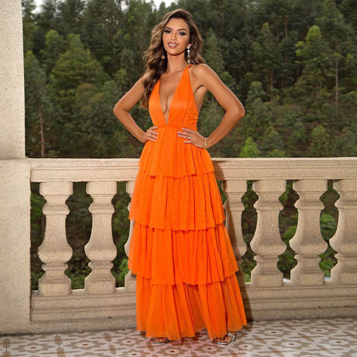 Deep V-Neck Halter Tiered Tulle Backless Maxi Dress
