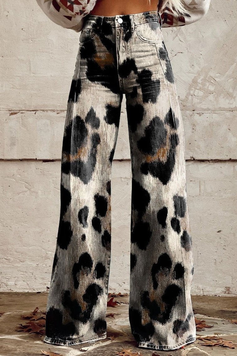 Leopard Print High Waist Wide Leg Jeans