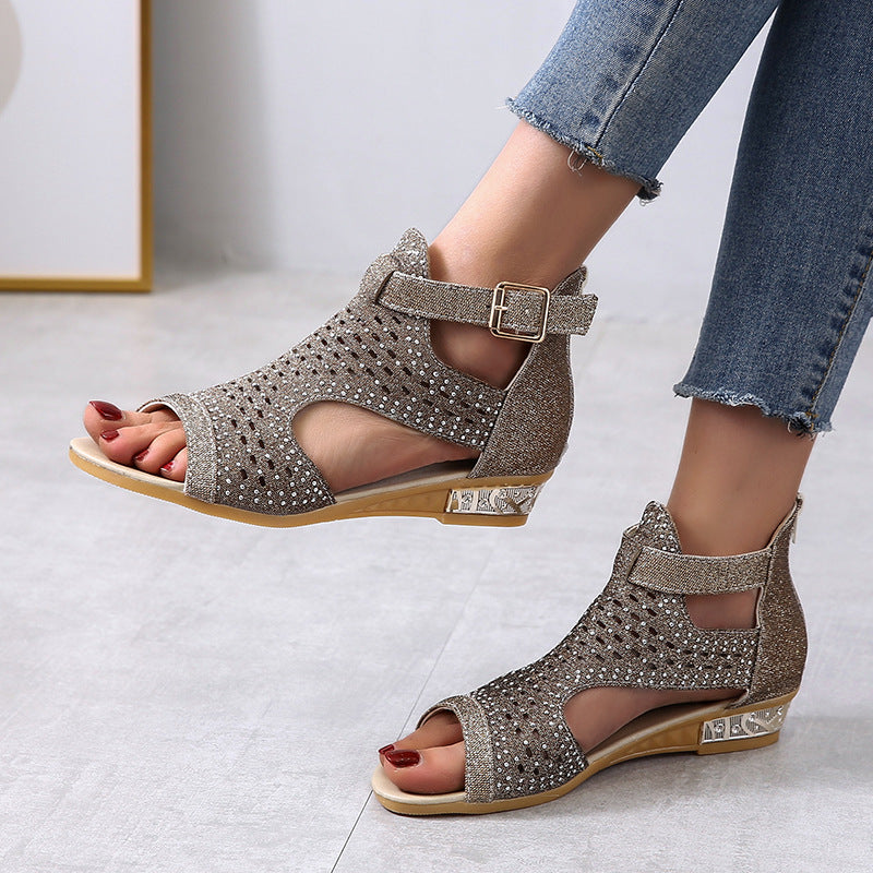 Open Toe Hollow Rhinestone Roman Sandals