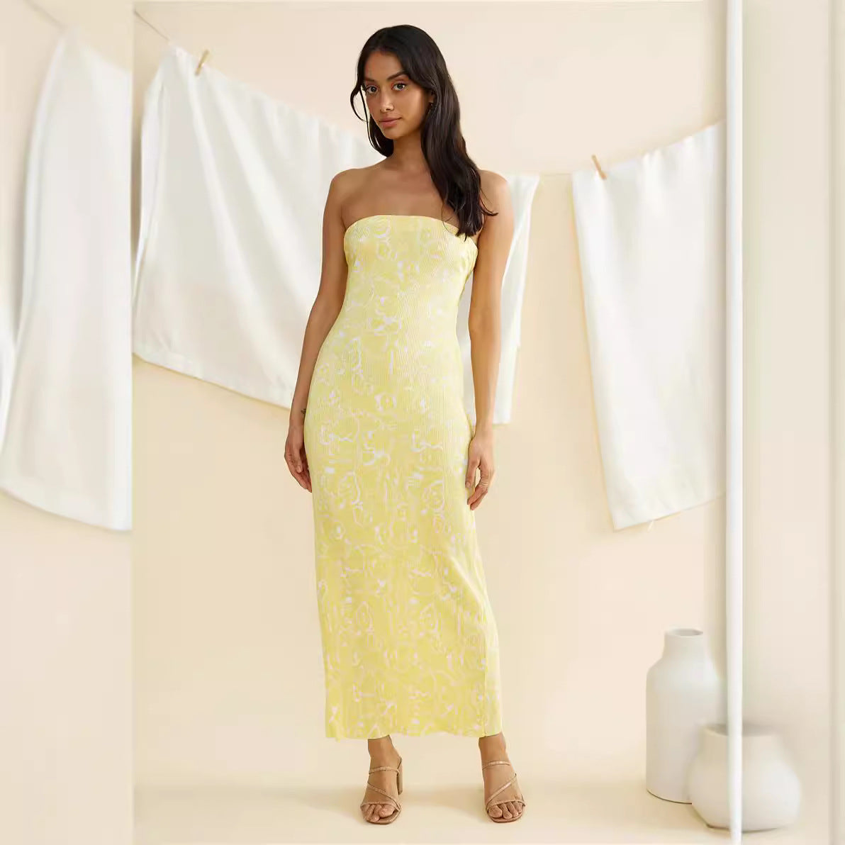 Spring Summer Women Tube Top Printed Pleated Drape Self Tie Dress