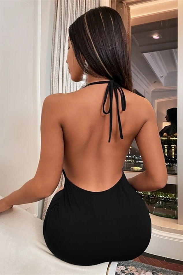 Deep V Slit Bow Halter Mini Dress