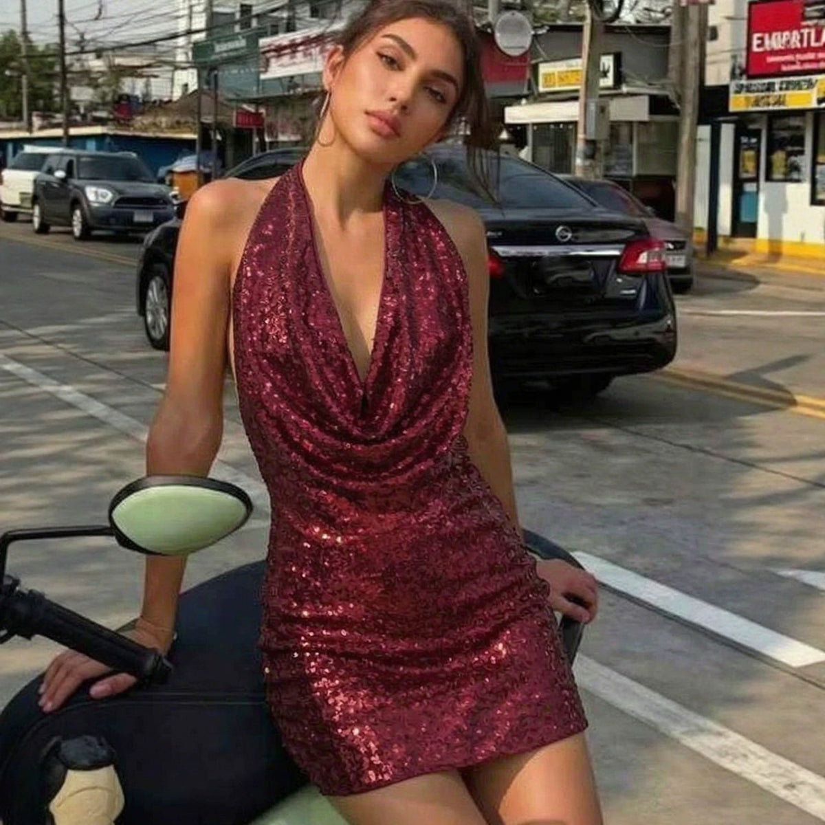 Sexy Backless Halter Sequ Dress Women Clothing Party Dress