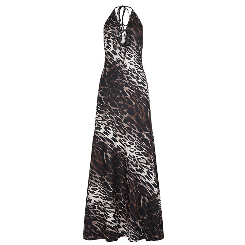 Leopard Print Tie Front Halter V-Neck Backless Maxi Dress 5