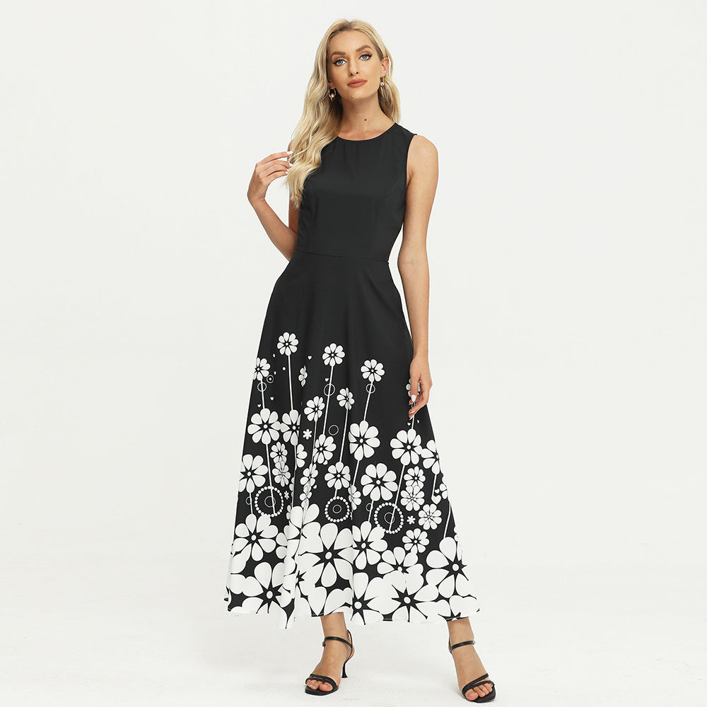 Printed Sleeveless Black Boho Dress
