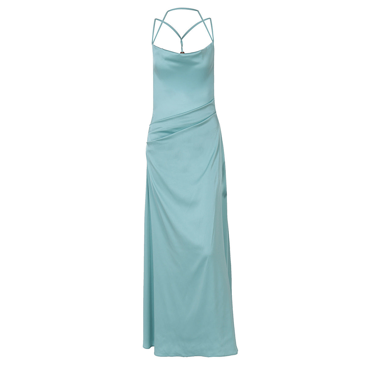 Satin Backless Halter Cross Strap Slip Maxi Gown