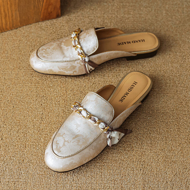 Floral Jacquard Chain Detail Pointed Toe Flat Mules