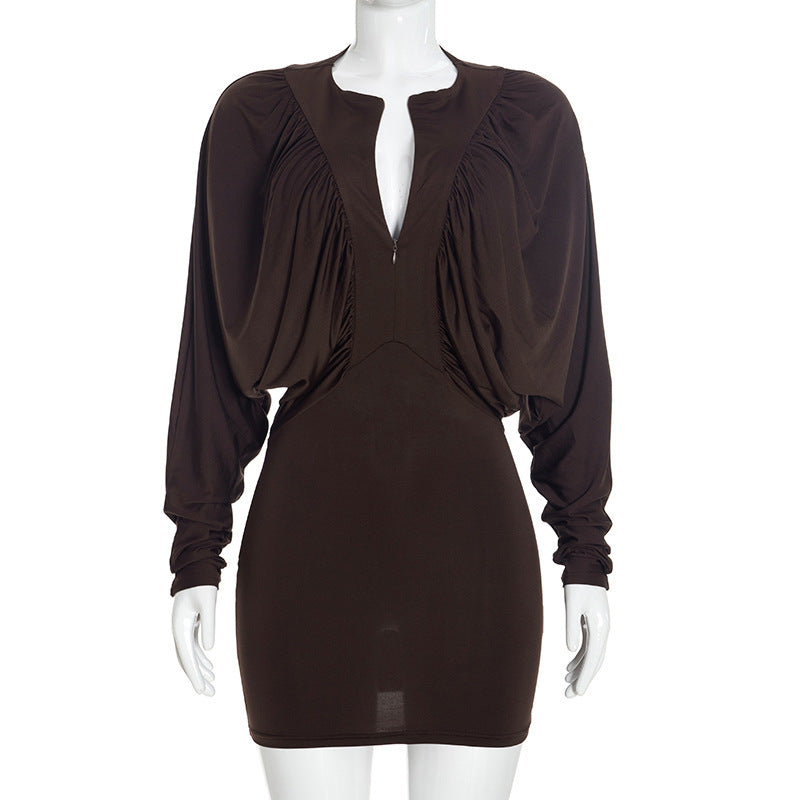 Draped Batwing Long Sleeve Half Zip V-Neck Ruched Bodycon Mini Dress 3