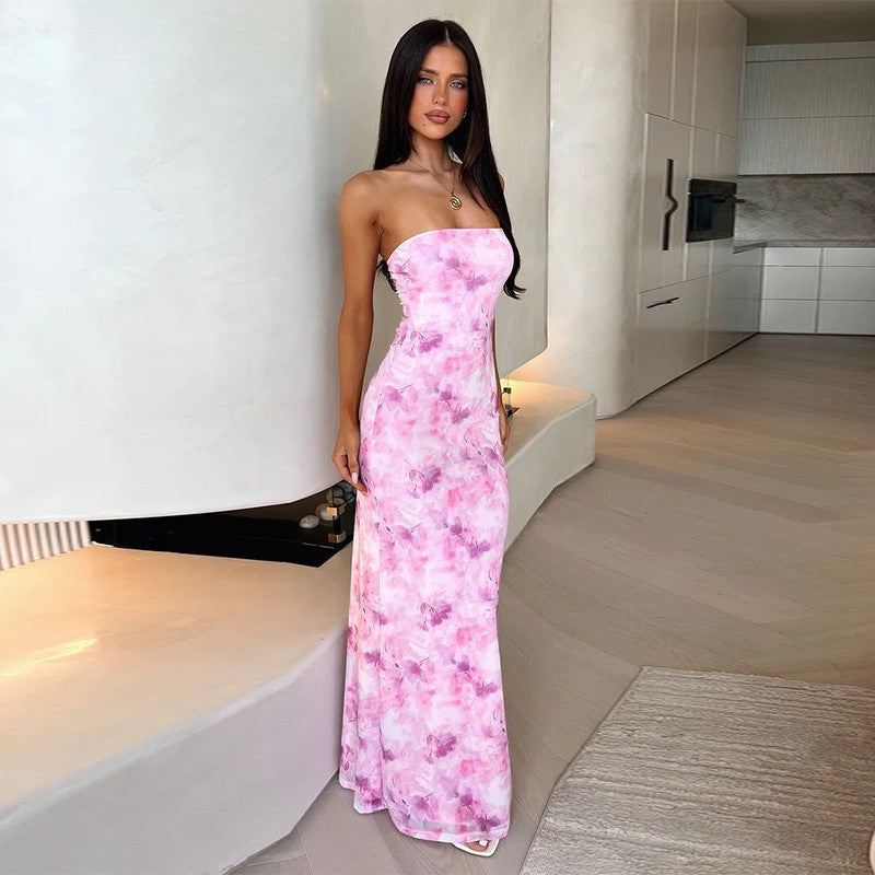 Tube Top Sexy Backless Print Women Sexy Long Dress