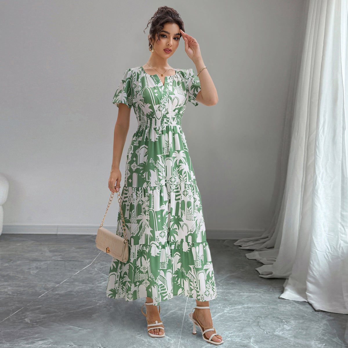 Arch Print Notch Neck Short Sleeve Smocked Waist Tiered Maxi Dress