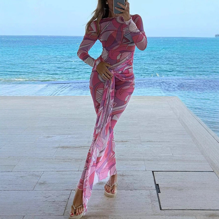 Slim Fit Slimming Elastic Hip Mesh Beach Holiday Dress