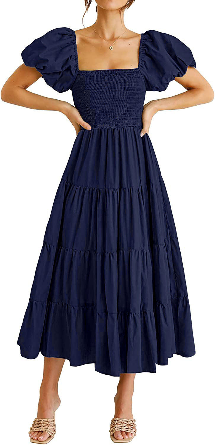 Square Neck Puff Sleeve Smocked Bodice Tiered Midi Dress 9