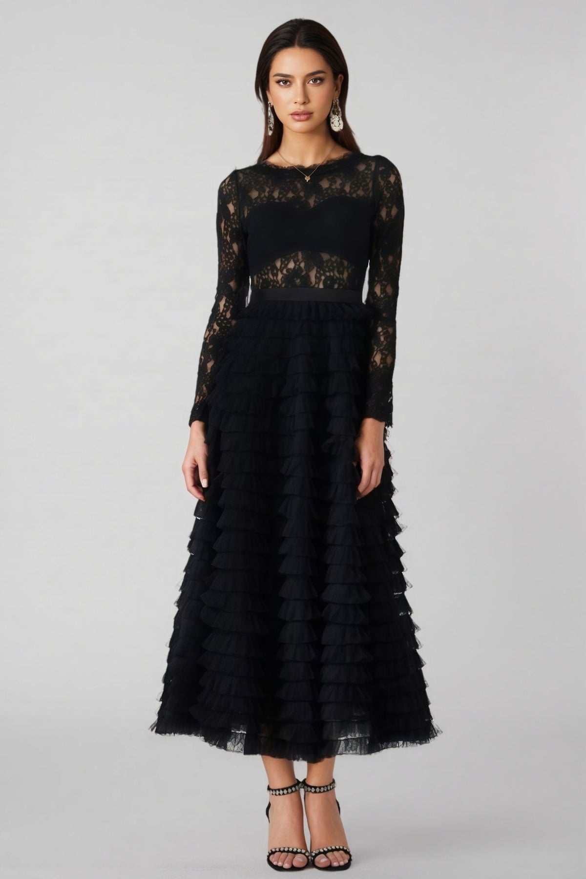 Round Neck Long Sleeve Lace Bodice Tiered Ruffle Tulle Midi Dress 3