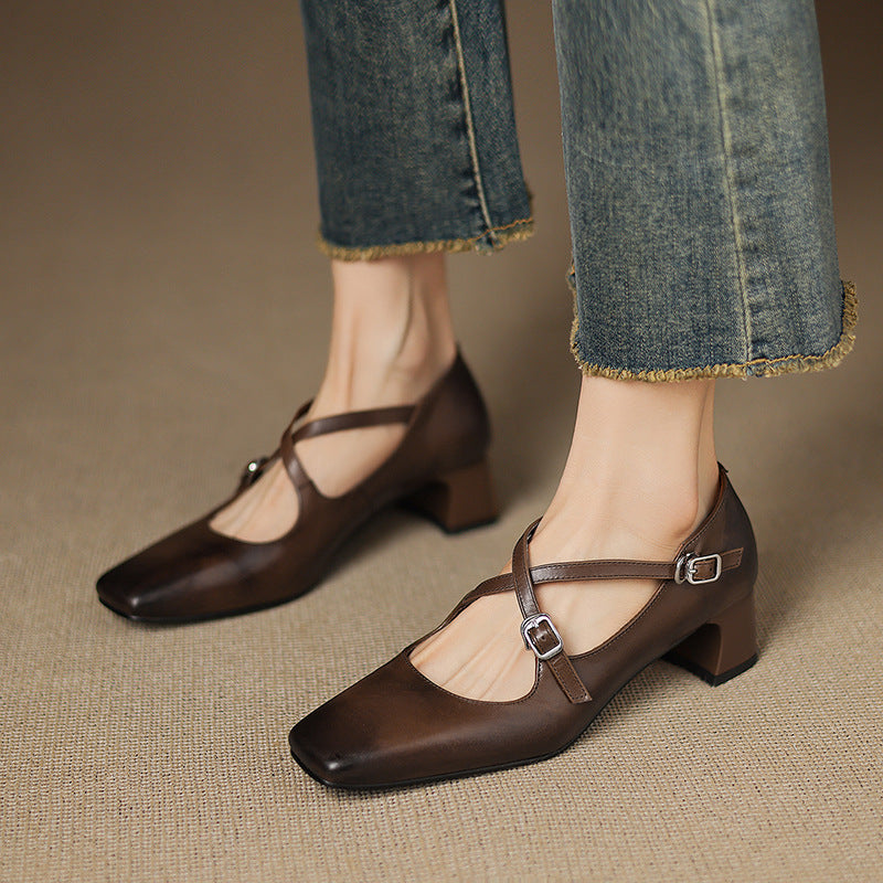 Square Toe Double Buckle Strap Block Heel Mary Jane Pumps