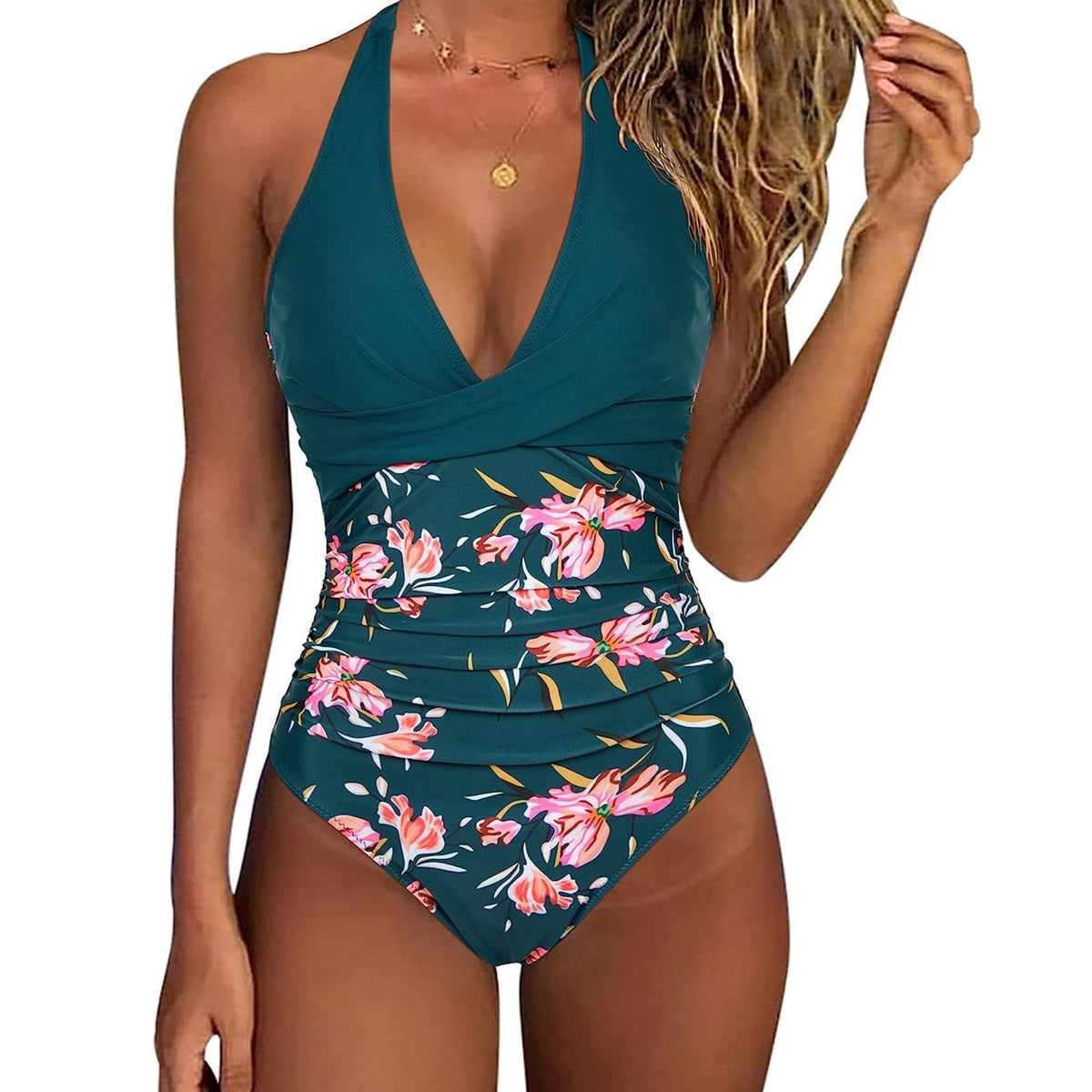 Deep V-Neck Halter Twist Front Ruched One Piece Swimsuit