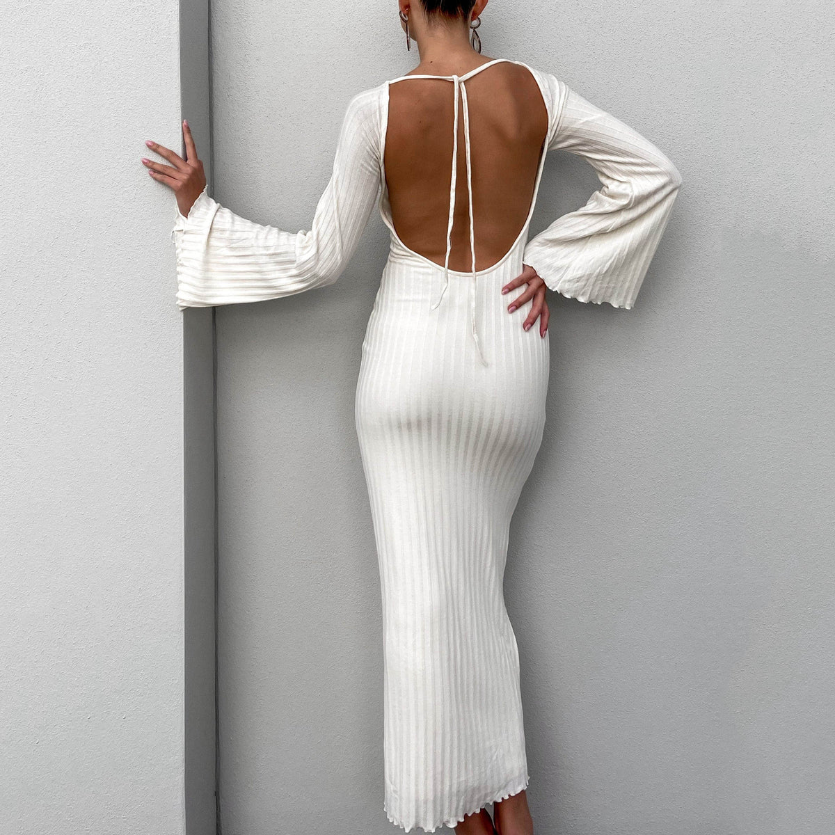 Ribbed Knit Long Bell Sleeve Open Back Tie Bodycon Maxi Dress