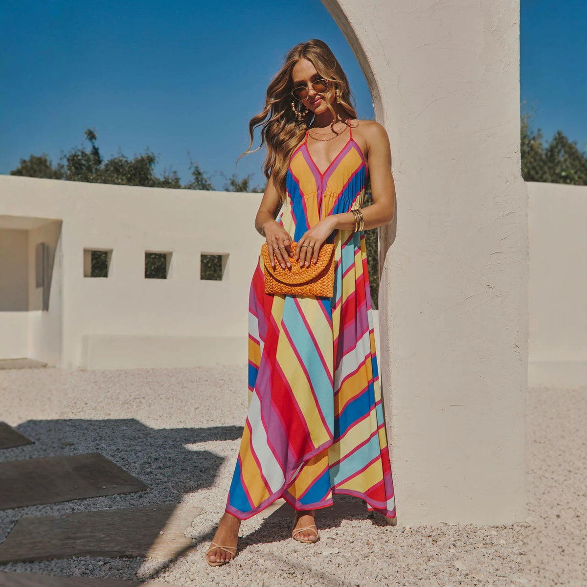 Striped Deep V-Neck Cami Handkerchief Hem Maxi Dress