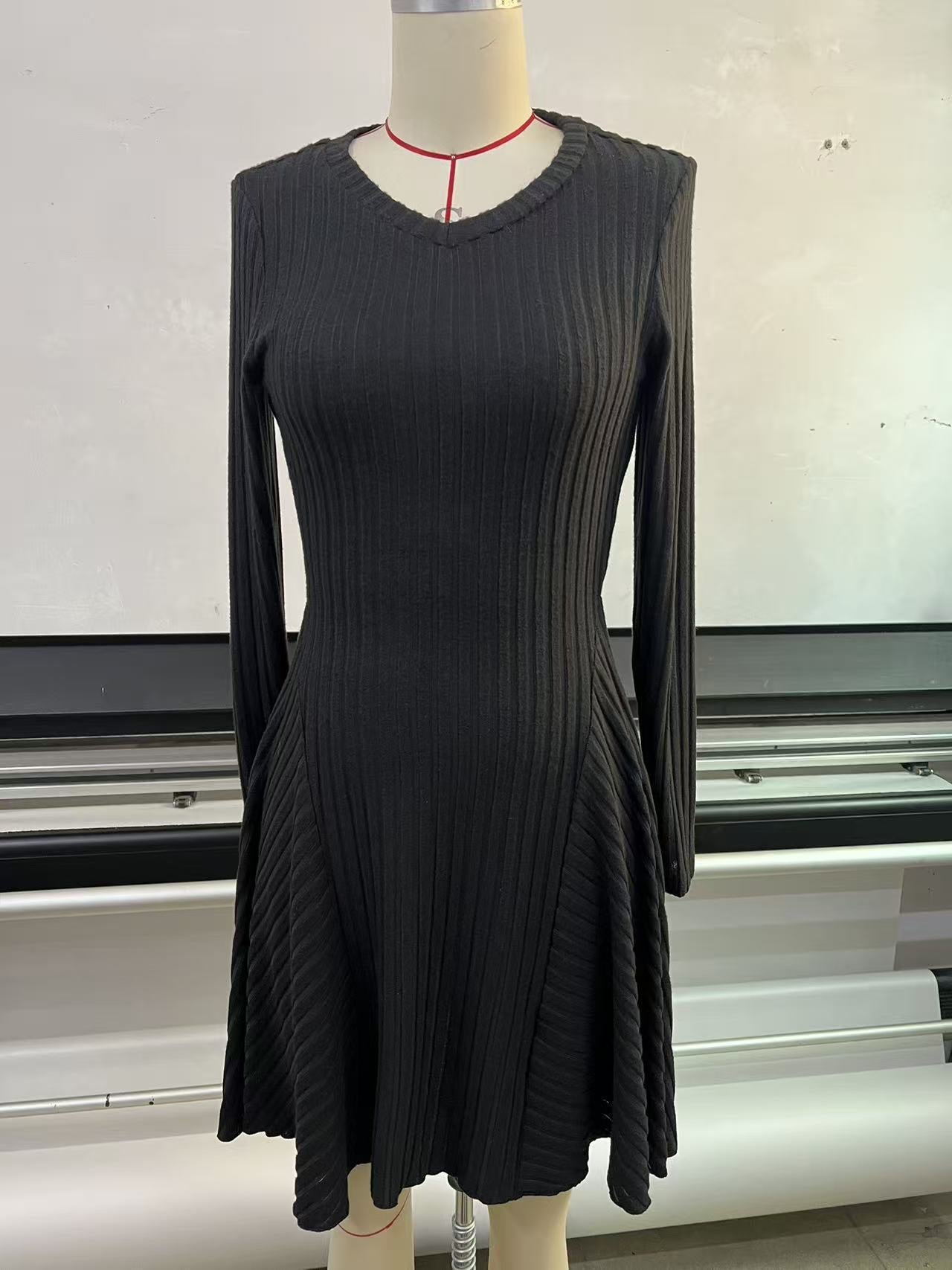 Ribbed Knit V-Neck Long Sleeve Fit and Flare Mini Dress 13