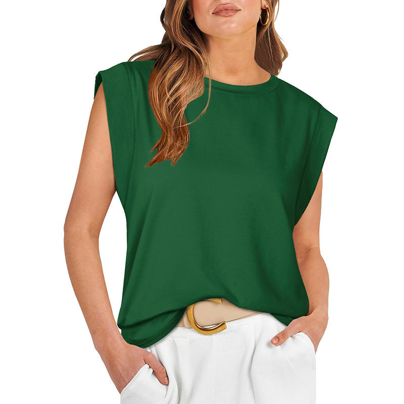 Crew Neck Cap Sleeve Shoulder Pad Top