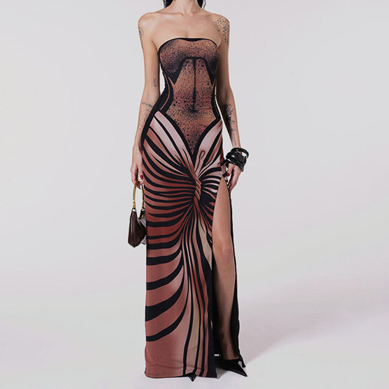 Abstract Print Strapless High Split Bodycon Maxi Dress