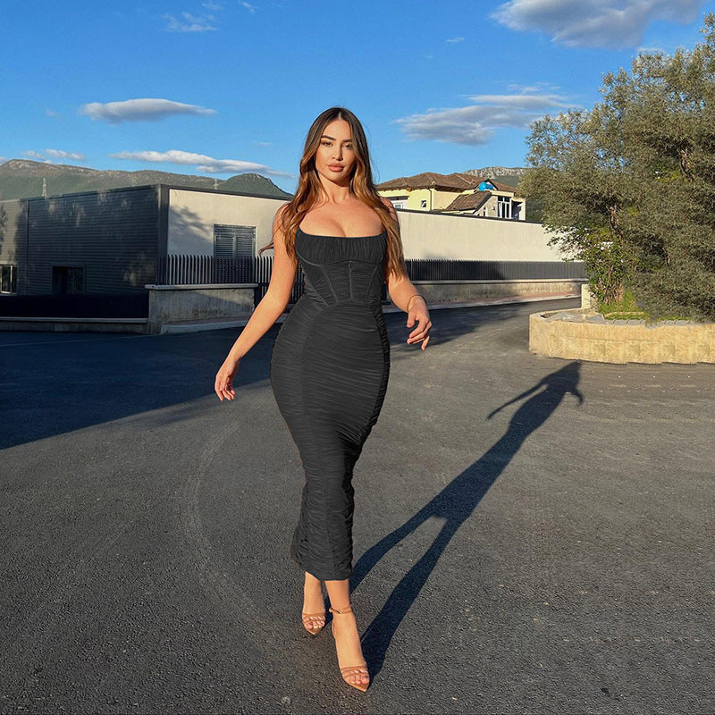 Mesh Cami Corset Ruched Bodycon Maxi Dress 14