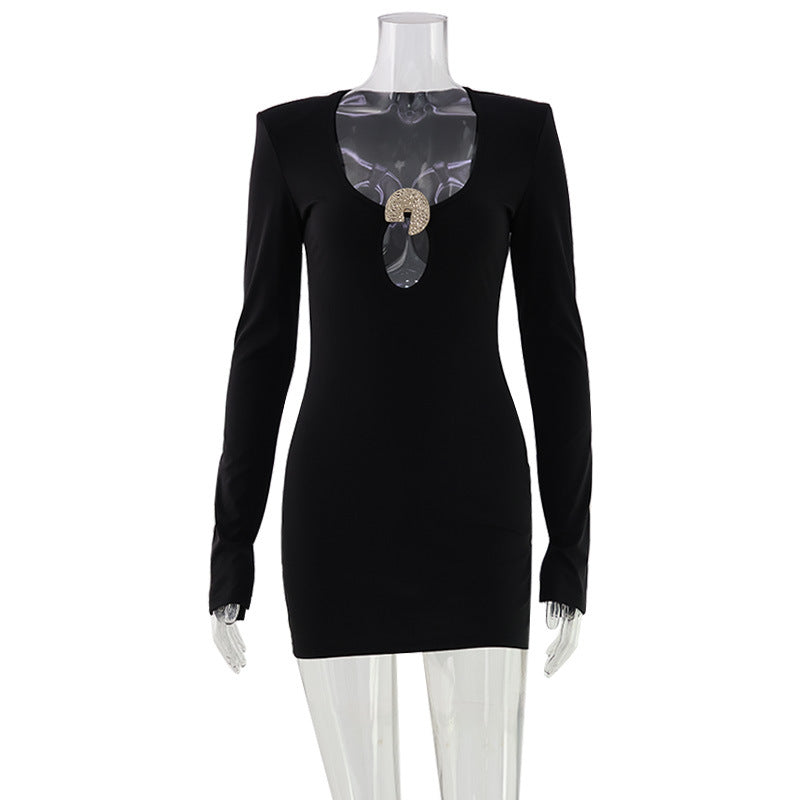 Plunging V-Neck Cut Out Ring Detail Long Sleeve Padded Shoulder Mini Dress 2