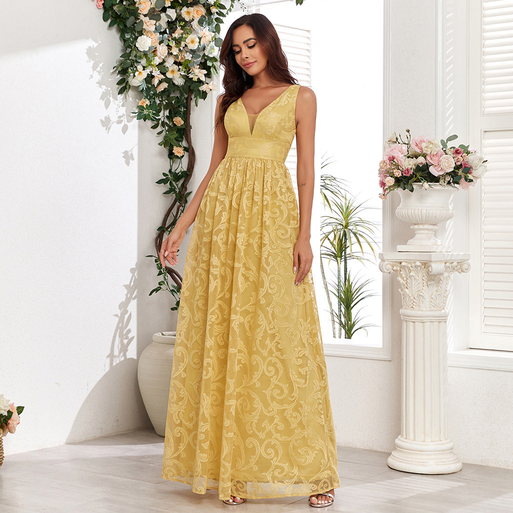 Sleeveless Pattern Lace Double V neck Elegant Evening Dress a Large Swing Back Zipper Full Lining Party Maxi Dress