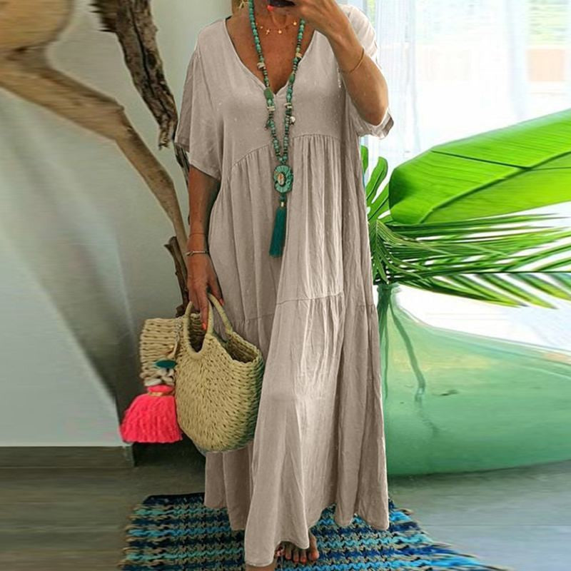 V-Neck Short Sleeve Tiered Linen Maxi Dress 8