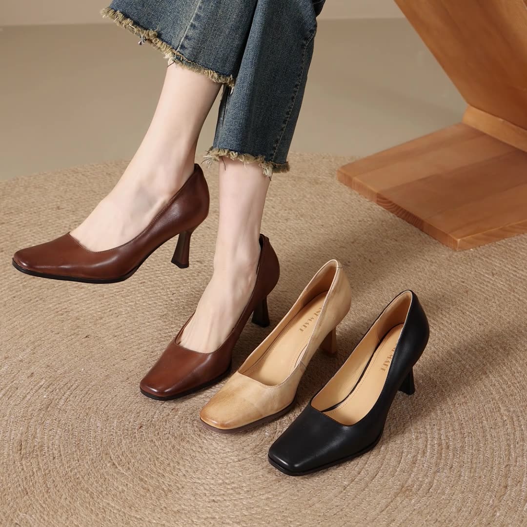 Square Toe Slip On Kitten Heel Leather Pumps