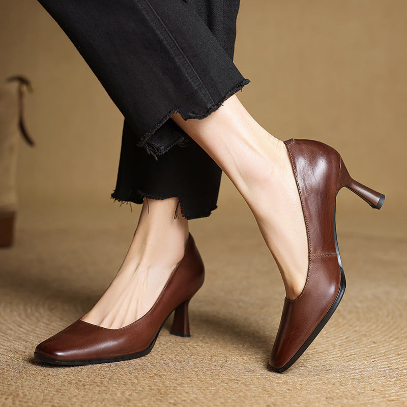 Square Toe Slip On Kitten Heel Leather Pumps