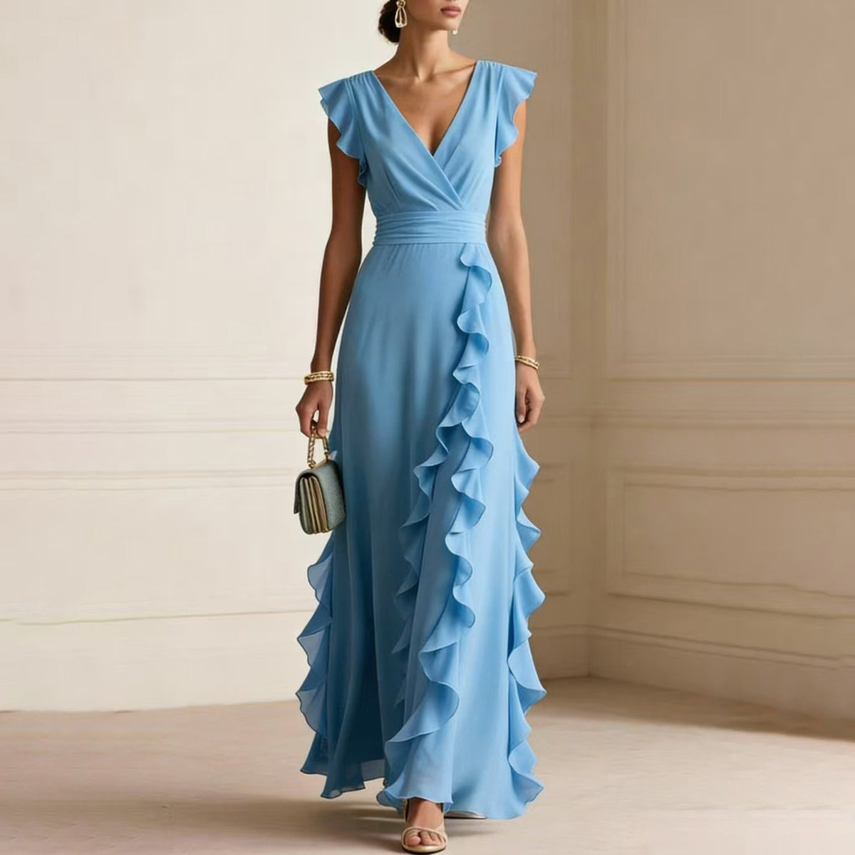 Chiffon Wrap V-Neck Flutter Sleeve Cascading Ruffle Maxi Dress 10