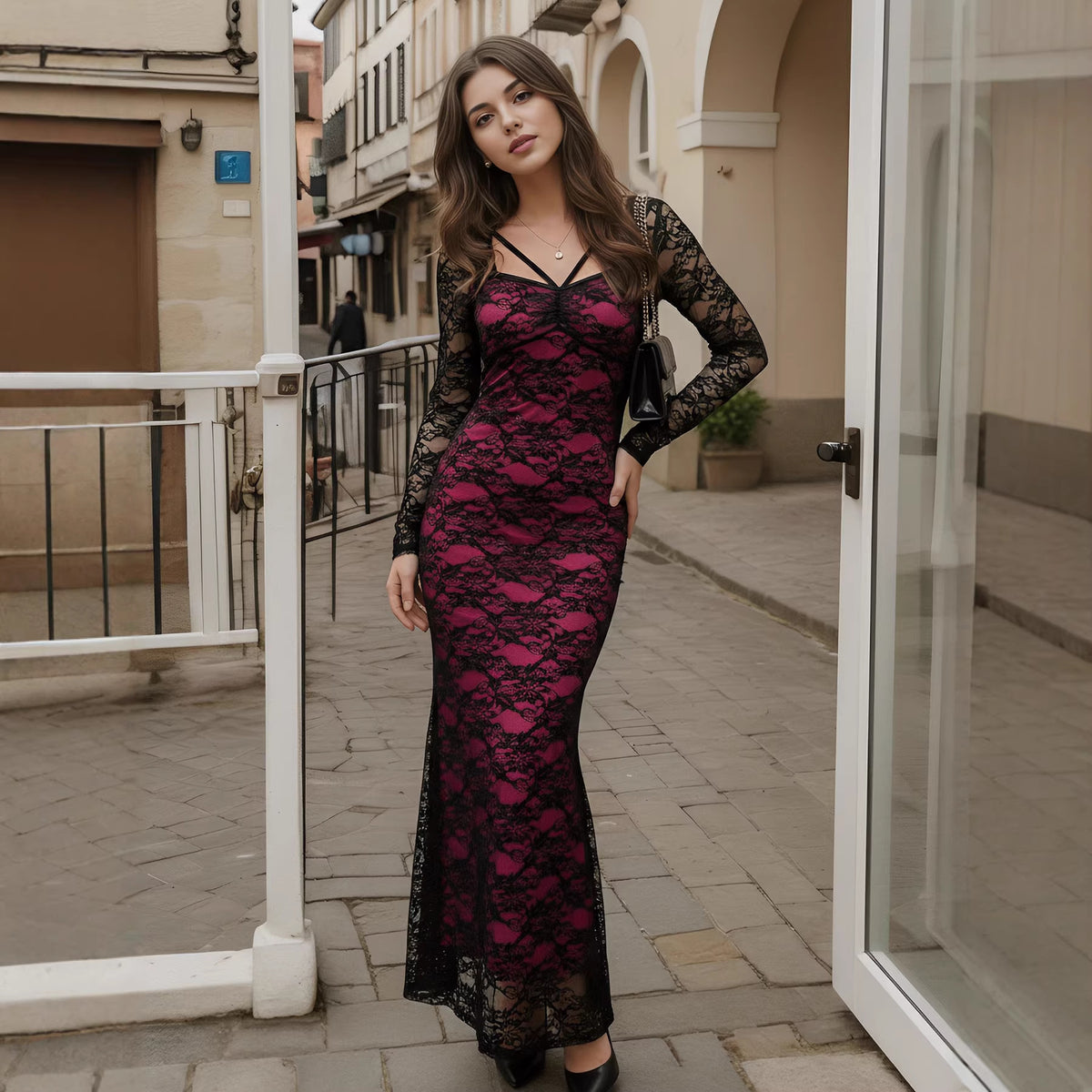 Women Clothing Spring Slim Lace Stitching Hip Bag Sexy Maxi Dress