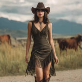 Faux Suede Fringe Deep V-Neck Ruched Mini Dress