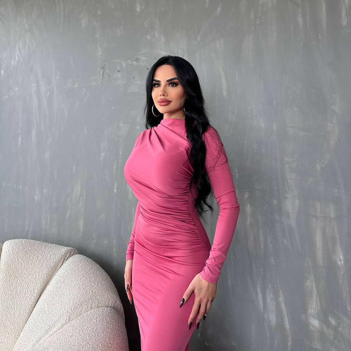 Autumn Winter Solid Color Round Neck Long Sleeve Sexy Dress Women Clothing Dress