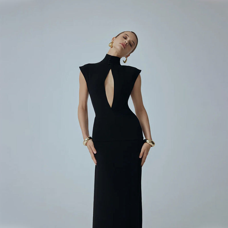 Button Mock Neck Keyhole Cut Out Cap Sleeve Fitted Maxi Dress