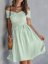 Striped Off Shoulder Short Sleeve Smocked Mini Dress 9