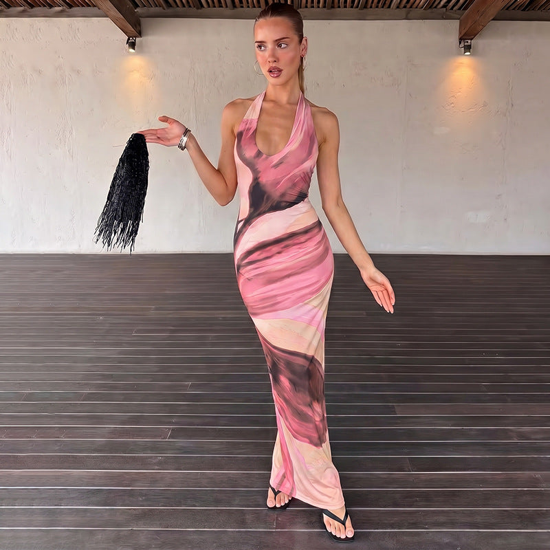 Women Clothing Summer Sexy Print Backless Slit Lace up Dress
