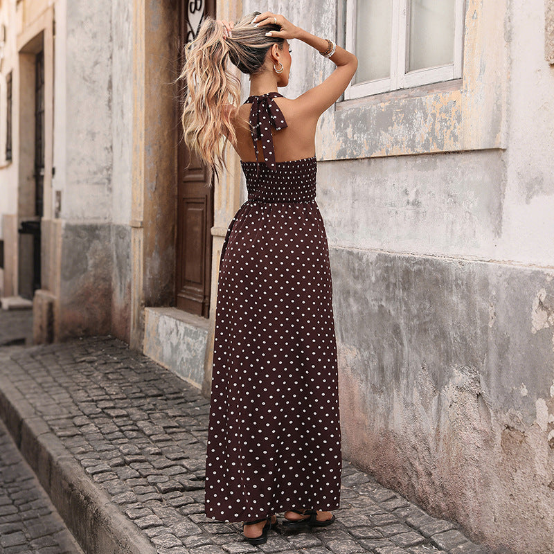 Polka Dot Halter Deep V-Neck Smocked Tie Back A-Line Maxi Dress 4