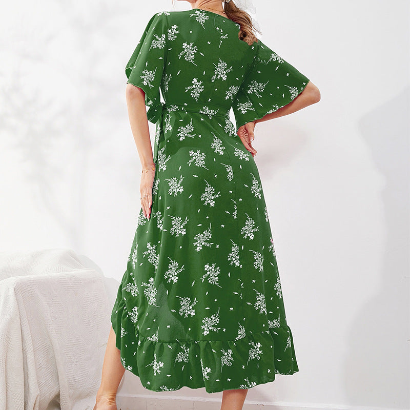 Floral Print Wrap V-Neck Flutter Sleeve Ruffle High Low Midi Dress 4