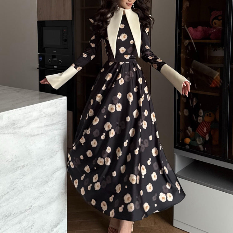 Autumn Printed Dress Women Satin Collared Long Sleeve High Waist Maxi Dress