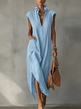 High Neck Cap Sleeve High Split Pocket Maxi Dress 6