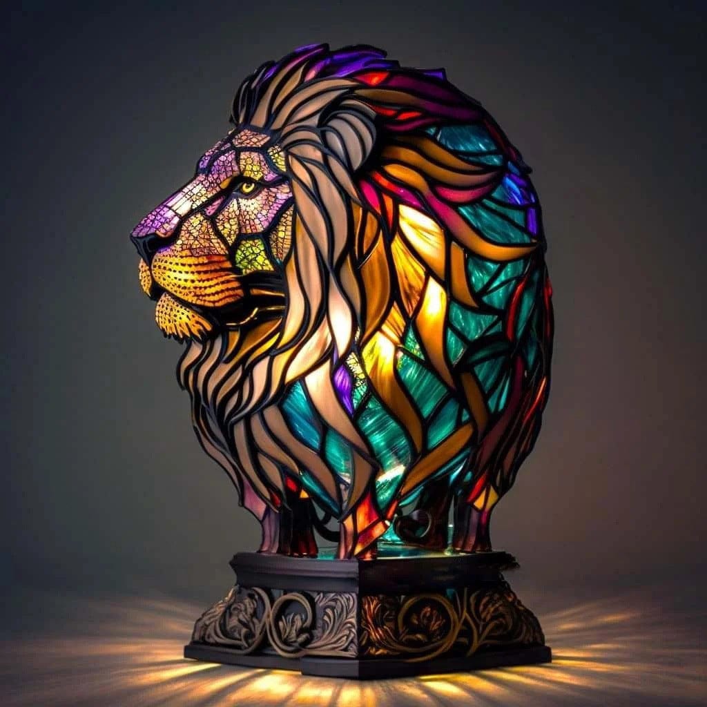 Stained Glass Lion Head Table Lamp