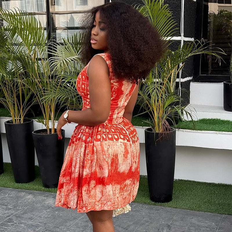 Hipster Women Printed Wear Waist Pleated A line Slim round Neck Sleeveless Short Dress