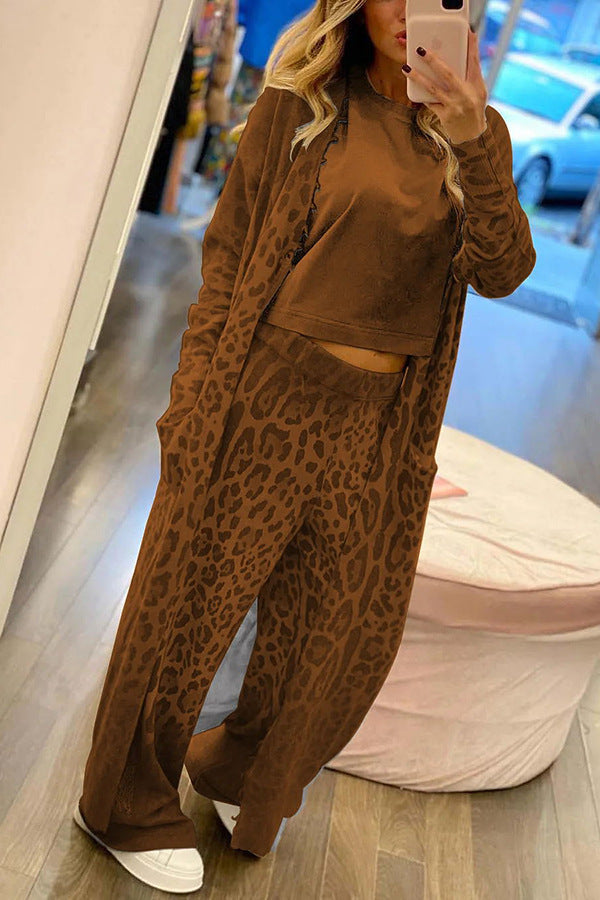Leopard Print Long Sleeve Cardigan and Pants Set