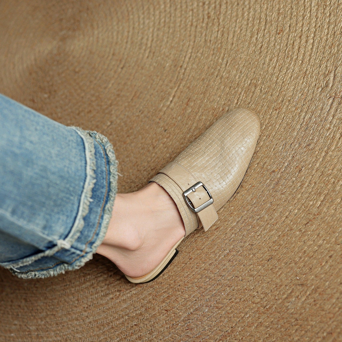 Croc Print Square Toe Buckle Flat Mules