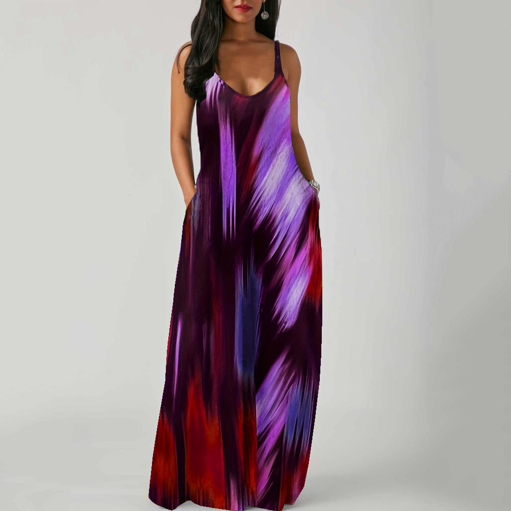 V-Neck Spaghetti Strap Ombre Pocket Loose Maxi Dress 17