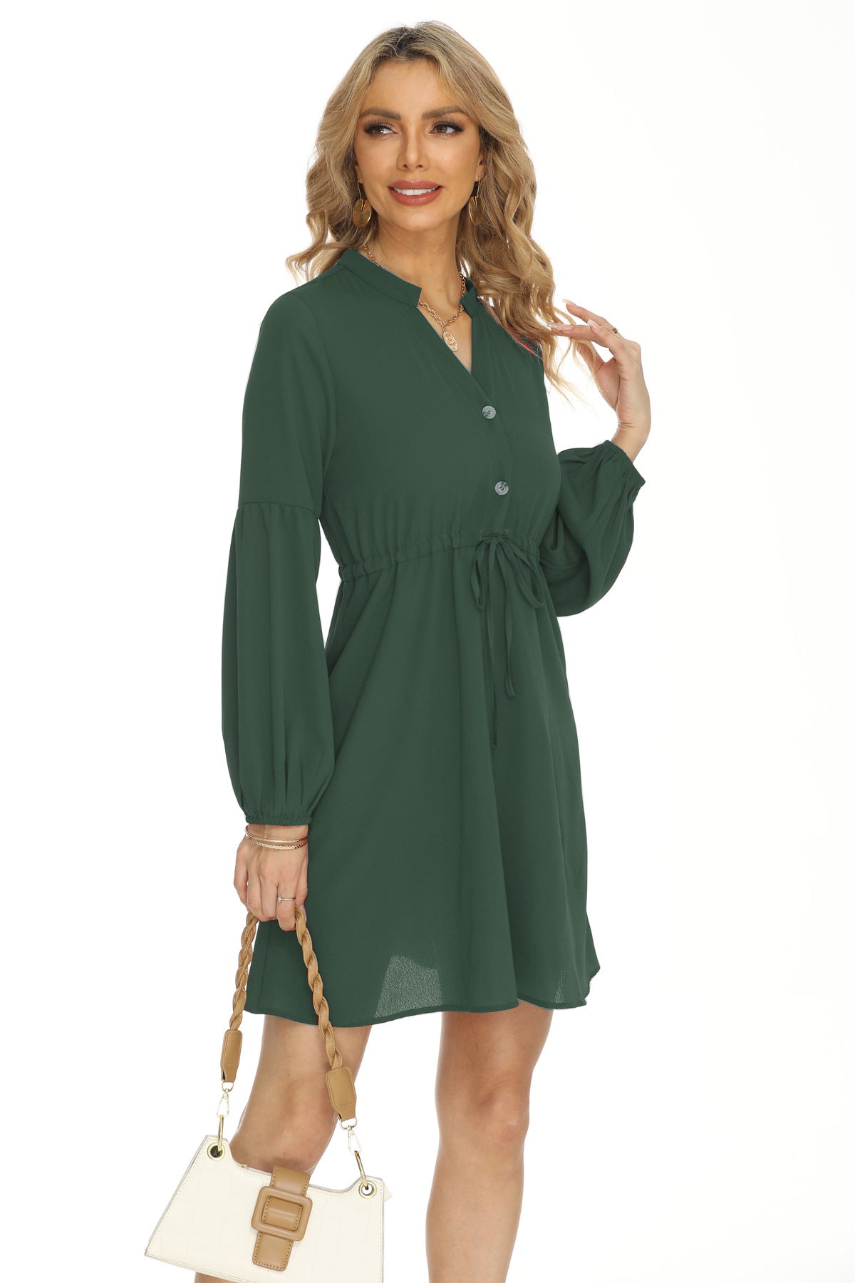 Women Clothing Short Drawstring Lantern Sleeve V neck Long Sleeve Dress