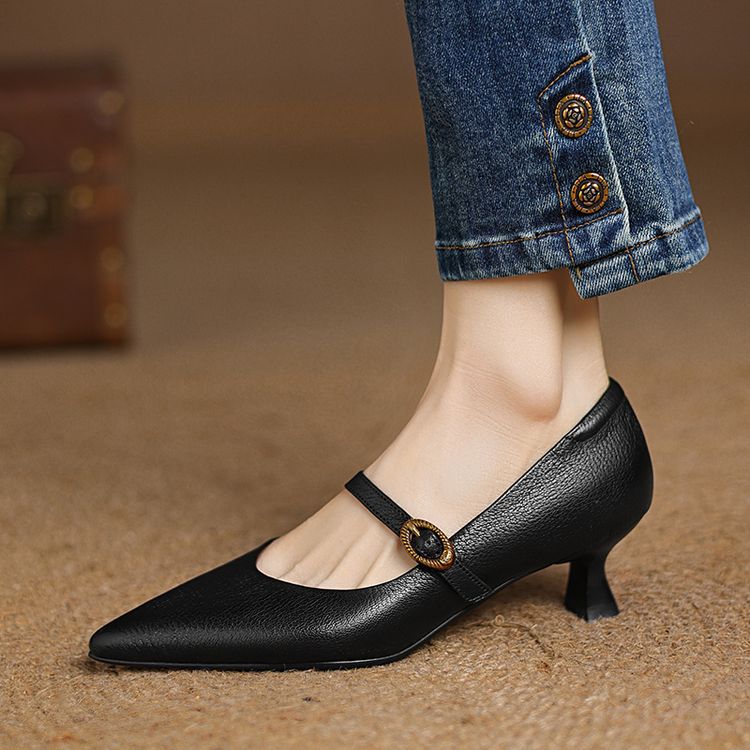 Pointed Toe Buckle Strap Kitten Heel Mary Jane Pumps